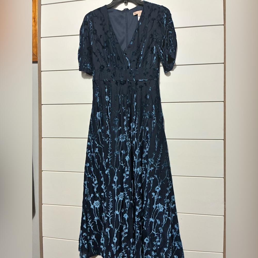 Anthropologie Hutch Puff Sleeve Burnt Velvet Midi Dress Womens 2 Blue Midi - Picture 6 of 12